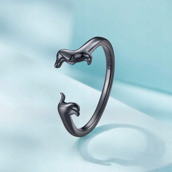 Pierścionek Srebrny 925 Regulowany Pies Jamnik Czarne Złoto Srebro 925