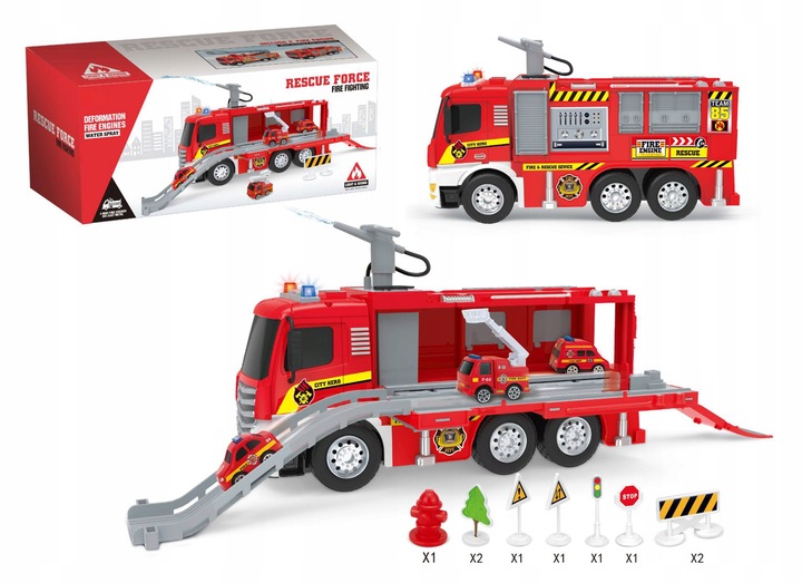DUŻY WÓZ STRAŻACKI NA WODĘ STRAŻ POŻARNA zjeżdżalnia 4 auta ŚWIATŁO DŻWIĘK