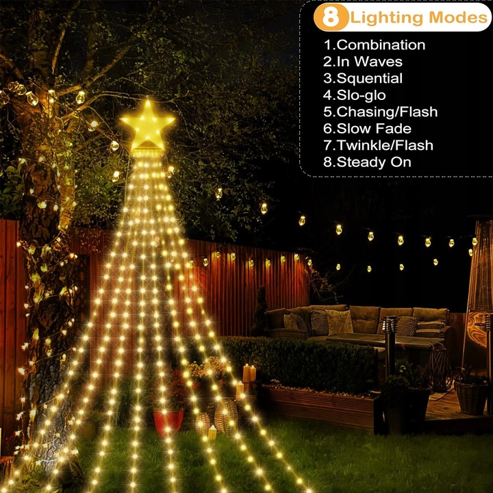 Oświetlenie choinkowe z gwiazdą 8 trybów 290 LED Lampki choinkowe 3,5Mx8
