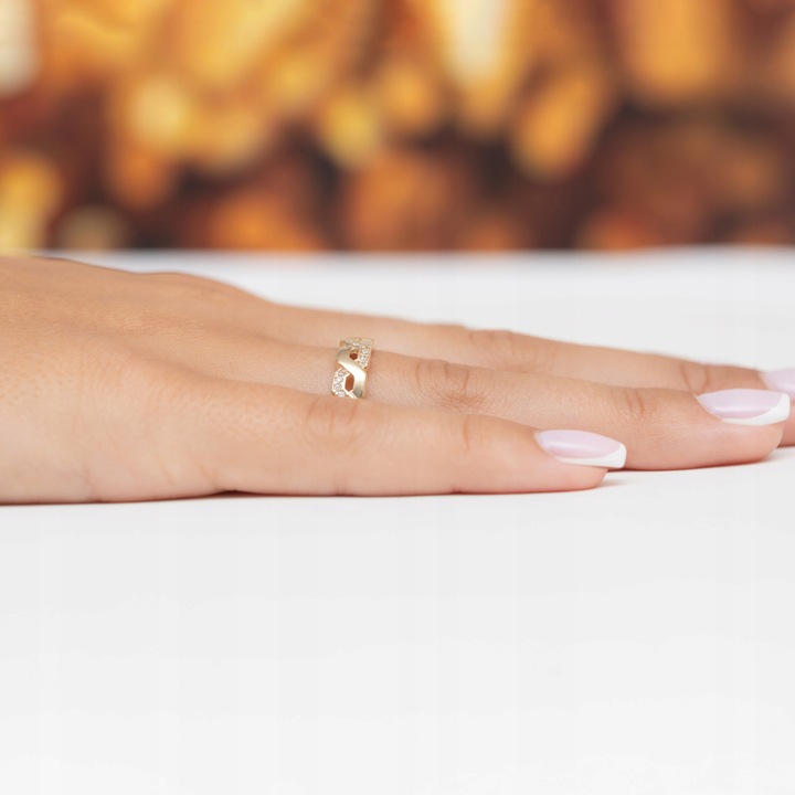 ZŁOTY PIERŚCIONEK pr. 585 Przeplatany Łańcuszek z Cyrkoniami 14k r.14