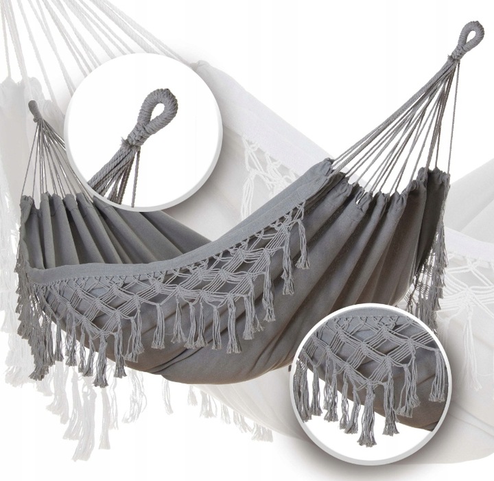 HAMAK OGRODOWY BRAZYLIJSKI BOHO SZARY KEMPINGOWY HUŚTAWKA MOCNA 150 KG