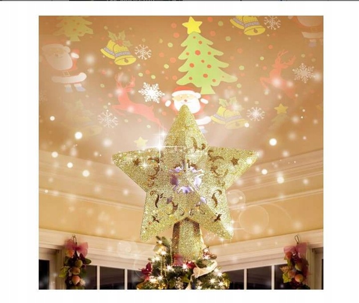 Gwiazda na choinkę z projektorem LED na czubek brokatowa złota 3D 24 x 20cm