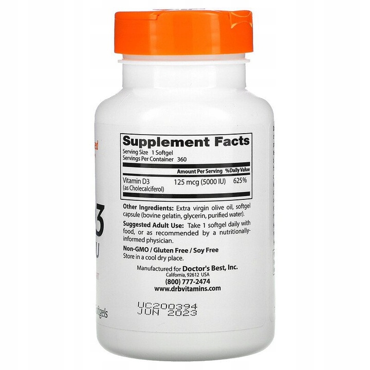 Doctor's Best WITAMINA D3 5000mg 360 kapsułek