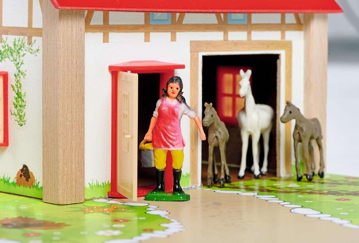 DUŻA DREWNIANA FARMA ZAGRODA + FIGURKI ZWIERZĄT KONIE ŚWINKI STAJNIA 25 EL.