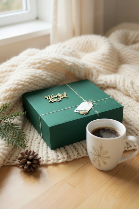 Pudełko prezentowe na prezent Święta zielone napis drewniany wypełnienie