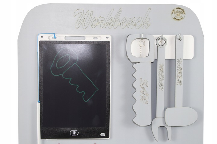 KOLOR Drewniany warsztat majsterkowicz tablet kłódka imadło schowek piła PL