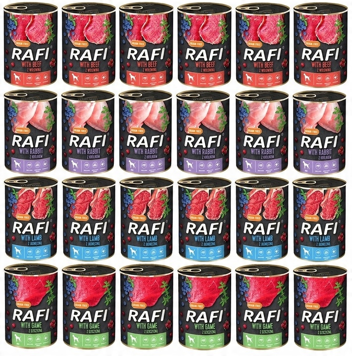 Karma mokra dla psów RAFI puszki MIX 4 SMAKÓW 24x400g