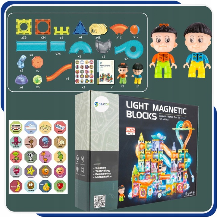 Klocki MAGNETYCZNE KONSTRUKCYJNE świecący tor 202 el 3D Zabawka edukacyjna