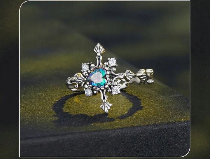 Pierścionek Ażurowy Czarny Krzyż srebro regulowany s925 +pudełko