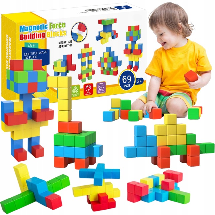 Kolorowe klocki magnetyczne kostki edukacyjne układanka 3d 69 elementów