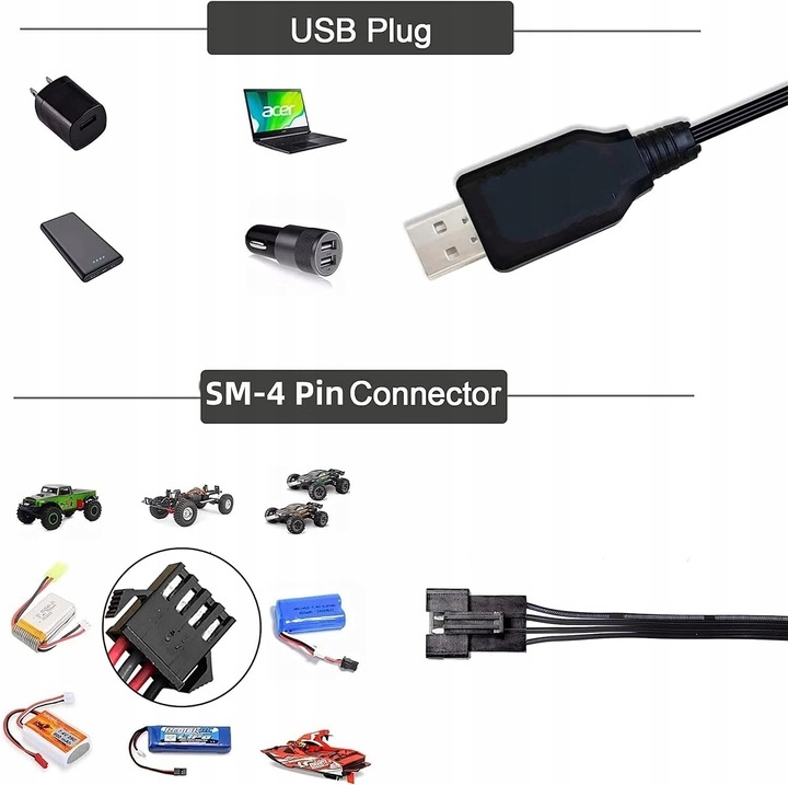 Kabel do ładowarki USB ze złączem wtykowym SM-4P do akumulatora LiPo 2S 7,4