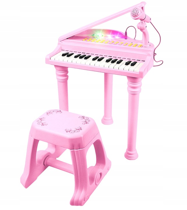 PIANINO DLA DZIECI NAUKA GRY ORGANKI MIKROFON MP3 RÓŻOWE PIANINKO + TABORET