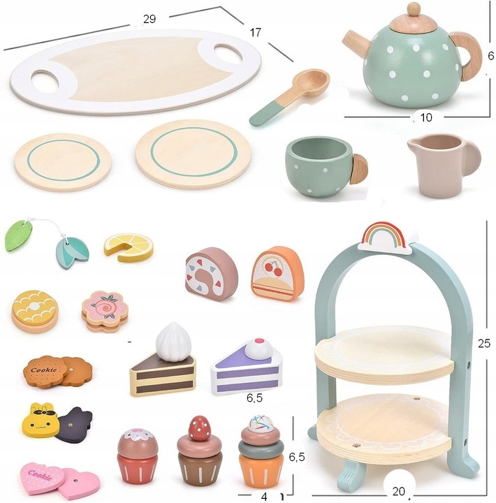 CUKIERNIA DREWNIANY ZESTAW DO HERBATY SERWIS KAWOWY AKCESORIA DO ZABAWY FI