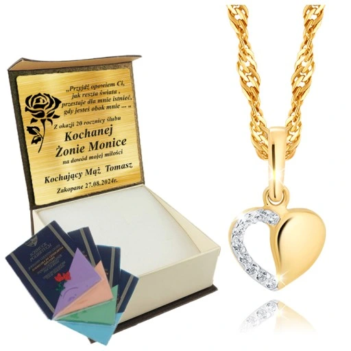 Złoty Łańcuszek 333 Naszyjnik Wisiorek Serce Grawer UPOMINEK GRATIS