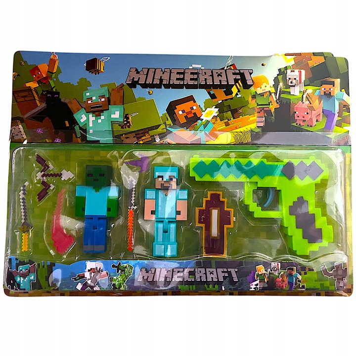 MINECRAFT FIGURKI ZOMBIE DIAMENTOWY STEVE ZESTAW 9w1 PISTOLET AKCESORIA