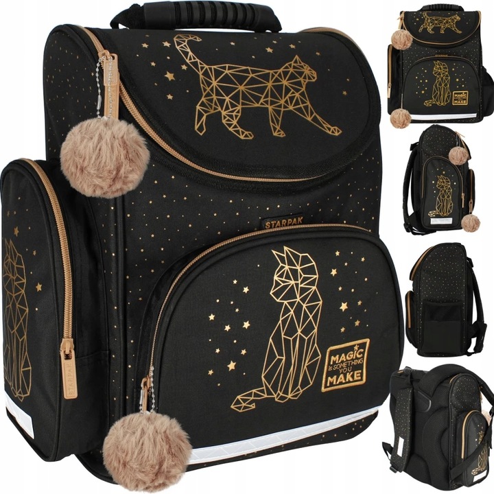 TORNISTER SZKOLNY PLECAK DLA DZIEWCZYNKI KOT KOTEK CZARNY ZŁOTY