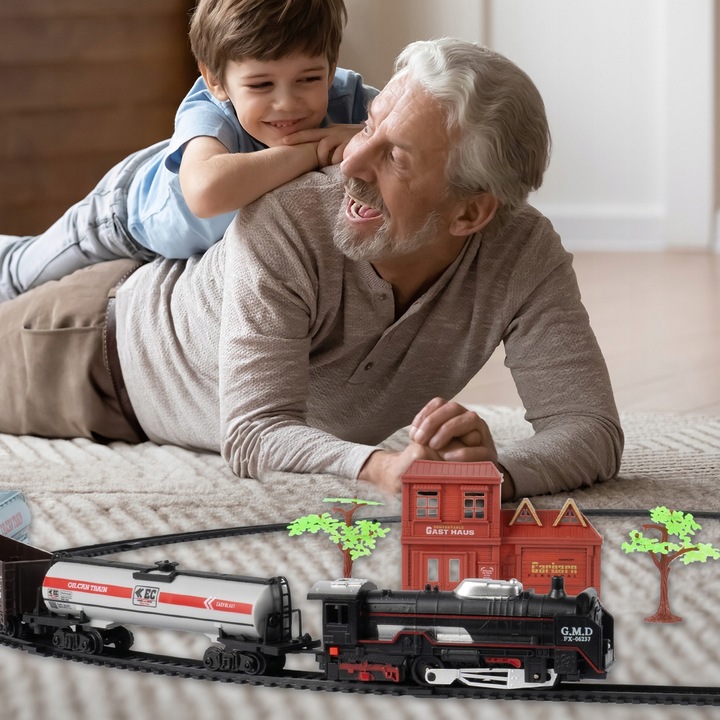 POCIĄG KOLEJKA ELEKTRYCZNA TORY LOKOMOTYWA 3 WAGONY 270CM DŁUGOŚCI STACJA