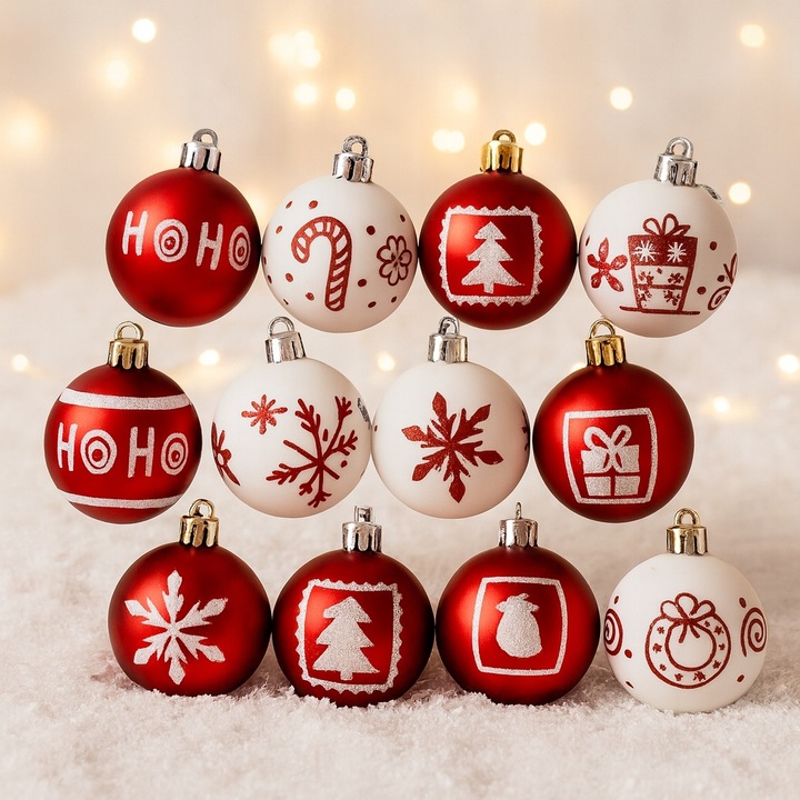 Bombki choinkowe czerwono-białe 16 szt 6 cm | Zestaw ozdób świątecznych
