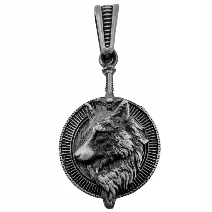 Męska zawieszka wisiorek miecz i tarcza z wilkiem, Twój grawer, srebro 925