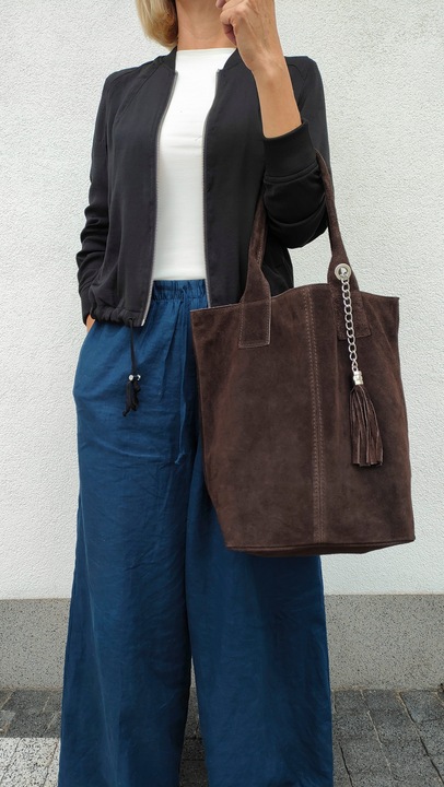 Zamszowa torebka shopper ciemna czekolada