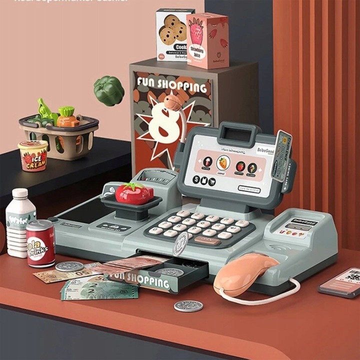 KASA FISKALNA ZABAWKA KASA SKLEPOWA INTERAKTYWNA ZAKUPY SKANER TAŚMA KOSZYK