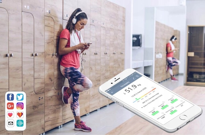 WAGA ŁAZIENKOWA ANALITYCZNA SMART APLIKACJA BLUETOTH SZKŁO + BATERIE GRATIS