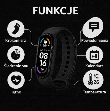 CZARNY SMART BAND 6 - PODGLĄD SMS, POŁĄCZENIA SMARTWATCH OPASKA
