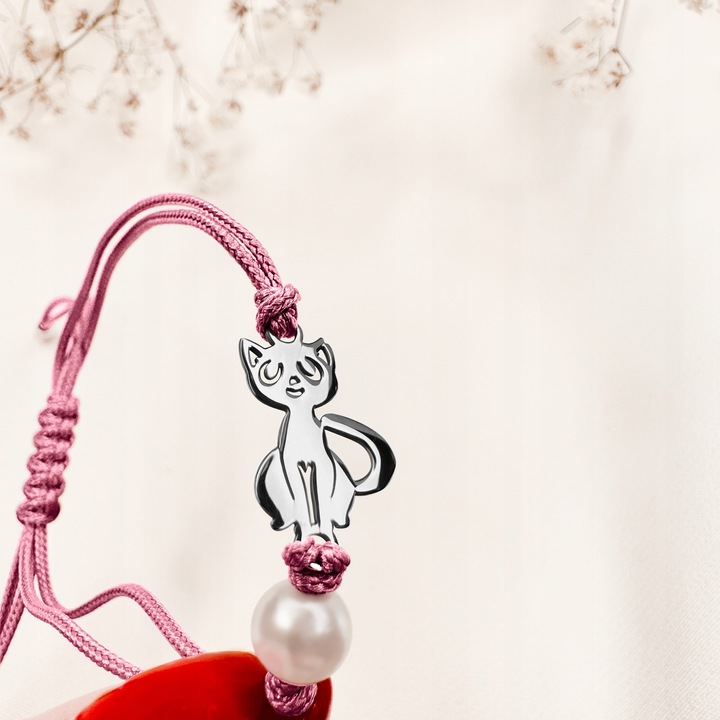 Bransoletka dla dziewczynki srebrna na sznurku kotek srebro 925 regulowana