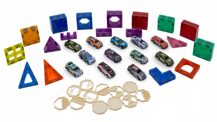 Klocki magnetyczne konstrukcyjne ZESTAW XXL 82 el. tor samochodowy 12 AUT