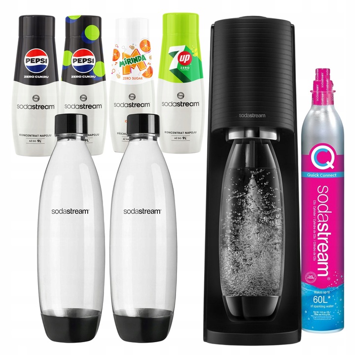Saturator SODASTREAM TERRA 2 Butelki + 4 Syropy Bez Cukru Pepsi 7UP MIRINDA