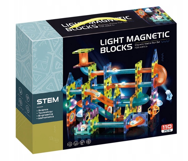 Klocki Magnetyczne Świecące Tor Kulkowy 110 Elementów Kulodrom