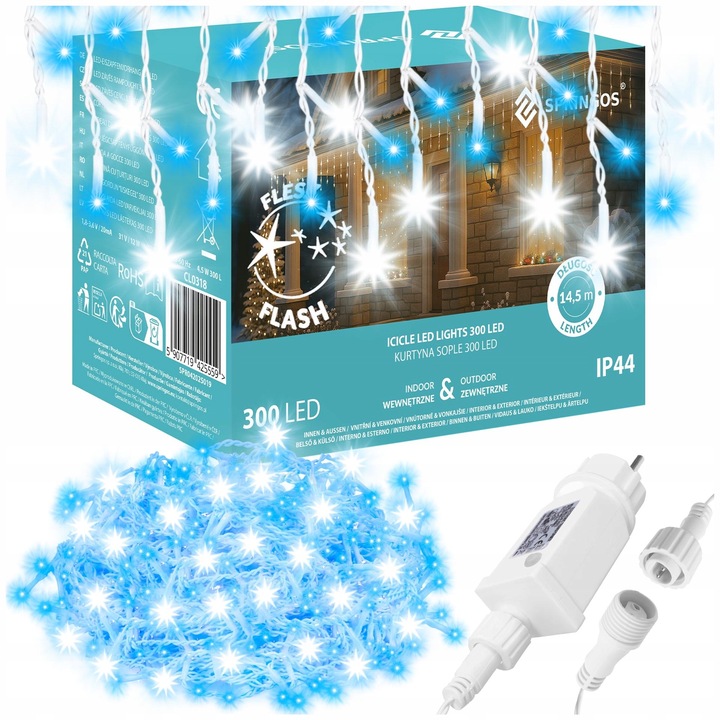 LAMPKI SOPLE 300 LED ZEWN. NIEBIESKIE CHOINKOWE FLASH KURTYNA ŚWIETLNA IP44