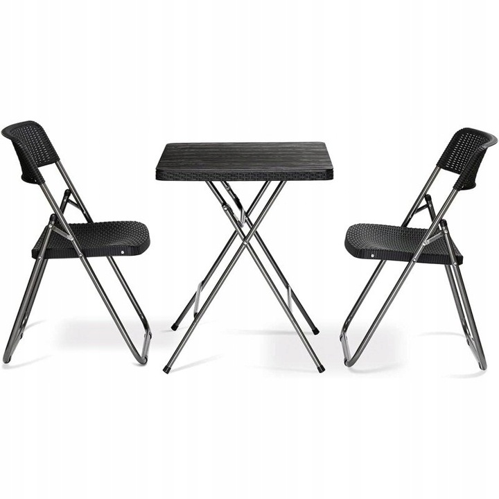 ZESTAW BISTRO 3W1 STÓŁ + 2 KRZESŁA IMITACJA RATTANU ZESTAW BALKONOWY CZARNY