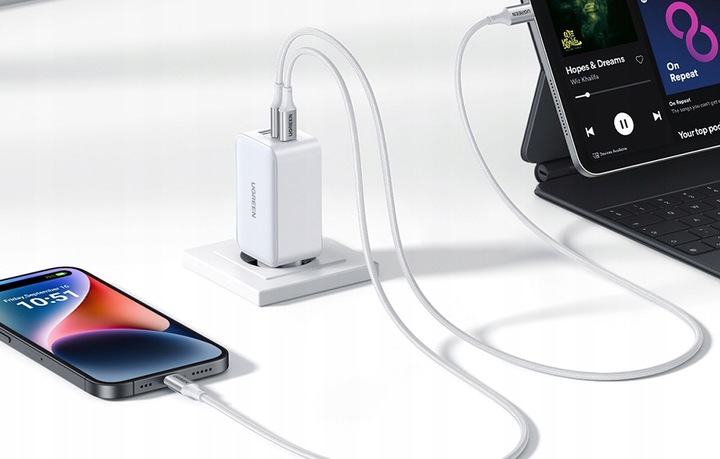UGREEN ŁADOWARKA SIECIOWA ZASILACZ KOSTKA 2X USB-C, USB-A 3.0 PD QC GAN 65W