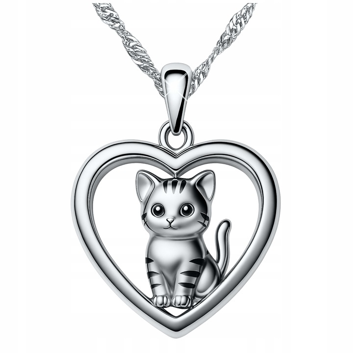 Naszyjnik Srebrny Serce z Kotkiem Kot Kotek Serduszko z Pupilem SREBRO 925