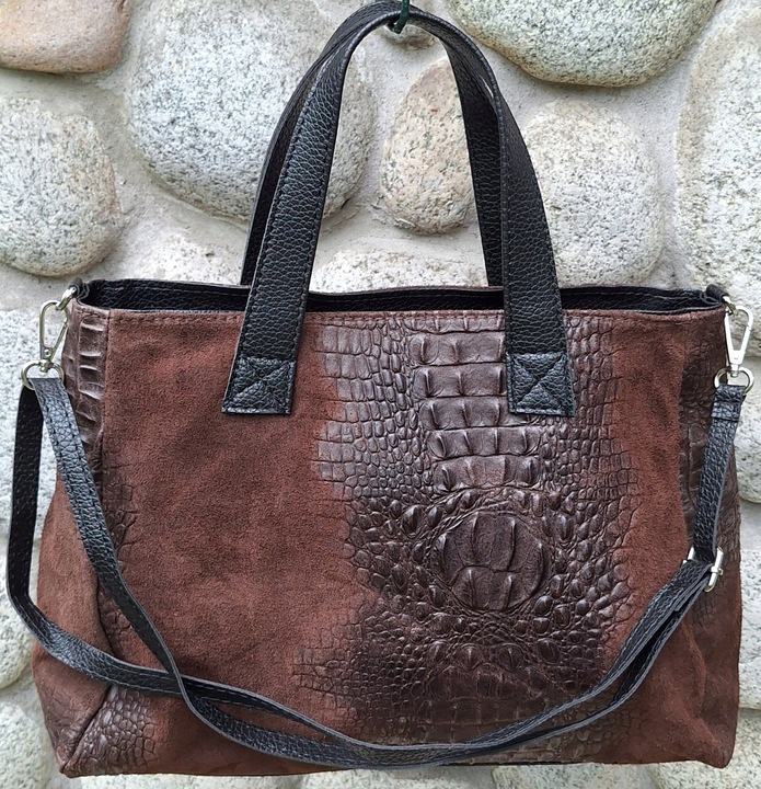 CZEKOLADOWA Zamszowa Torebka Włoska Kuferek SKÓRA NATURALNA Vera Pelle