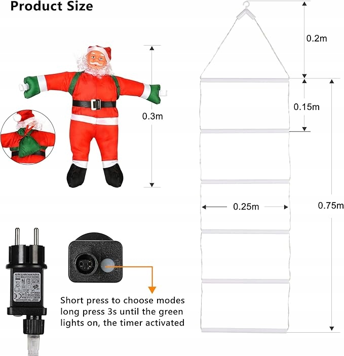 ŚWIĄTECZNE LAMPKI LED DRABINKA ŚWIĘTEGO MIKOŁAJA 8 TRYBÓW 75 CM