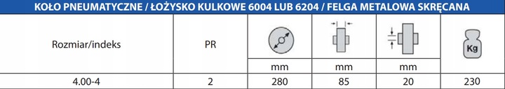 KOŁO KÓŁKO DO TACZKI WÓZKA 400-4 400x4 4.00-4 2PR MOCNE POMPOWANE OTWÓR 20