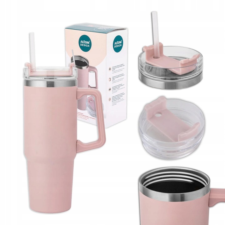 Kubek termiczny do samochodu z uchwytem i słomką Altom Design różowy 880 ml