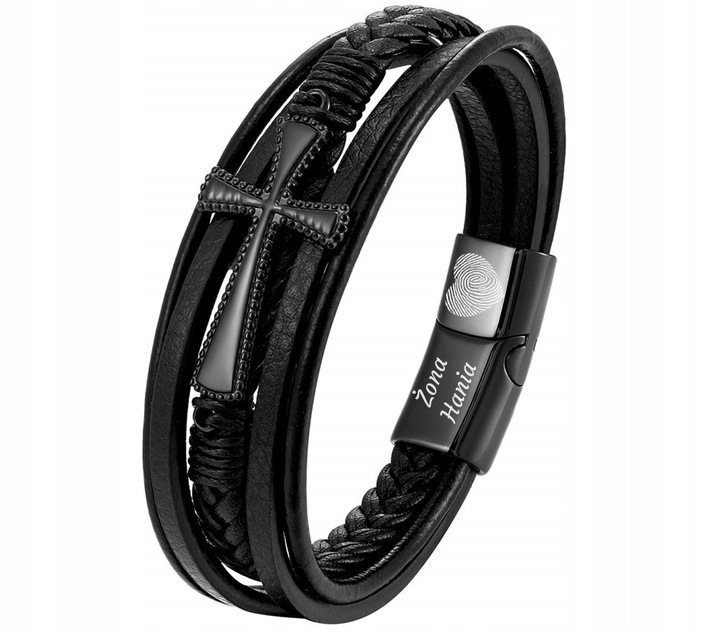 Bransoletka męska KRZYŻ skórzana dla TATY brata z grawerem