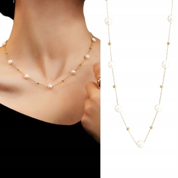 Naszyjnik Kolor Złoty Stal Nierdzewna Perły Perełki Klasyczny Elegancki