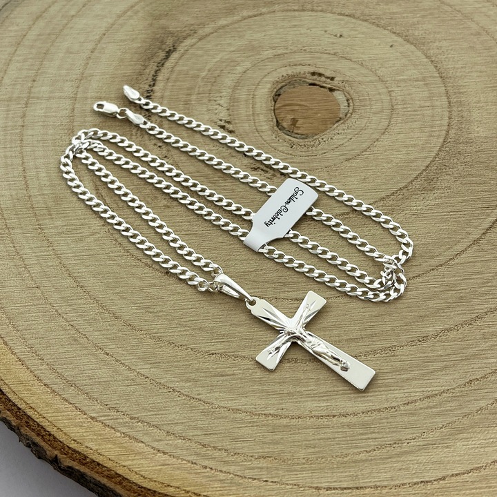 SREBRNY ŁAŃCUSZEK KOMUNIJNY + DUŻY KRZYŻYK JEZUS 925 / DLA CHŁOPCA + GRAWER