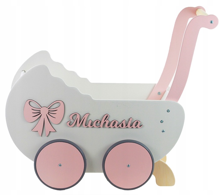 drewniany WÓZEK DLA LALEK +IMIĘ + POŚCIEL +stopery