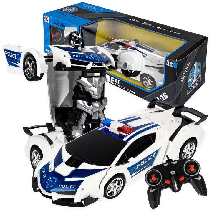 AUTO ROBOT ZDALNIE STEROWANY 2w1 TRANSFORMACJA POLICJA RADIOWÓZ PILOT LED