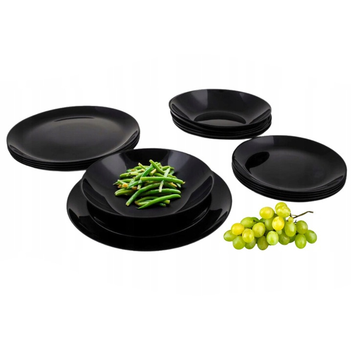 Serwis Obiadowy Talerze Komplet Zestaw OKRĄGŁE 18el CZARNE LUMINARC TZ44