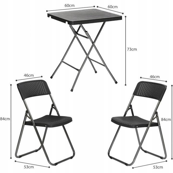 ZESTAW BISTRO 3W1 STÓŁ + 2 KRZESŁA IMITACJA RATTANU ZESTAW BALKONOWY CZARNY