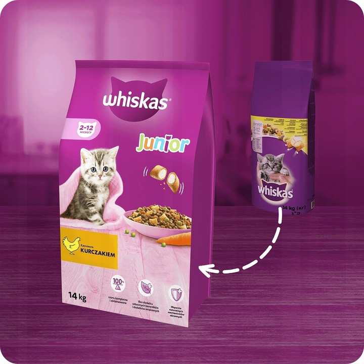 SUCHA KARMA WHISKAS JUNIOR Z PYSZNYM KURCZAKIEM 14KG