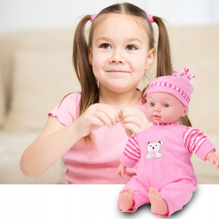 LALKA BOBAS W ŚPIOSZKACH MÓWI ŚMIEJE SIĘ 34CM MIĘKKA ŚLICZNA UBRANKO CZAPKA