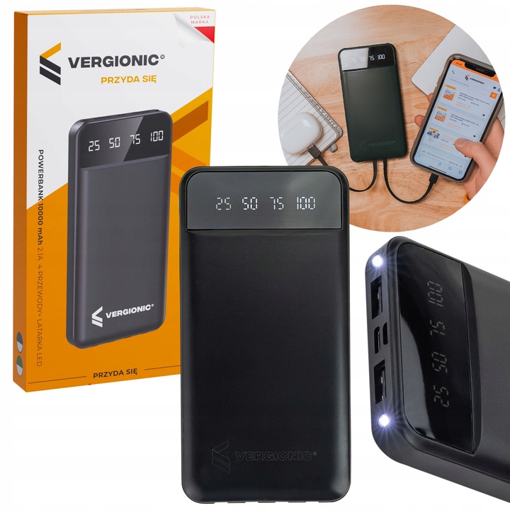 Powerbank 10000 mAh POWER BANK z latarką lightning, microUSB, USB-C, USB