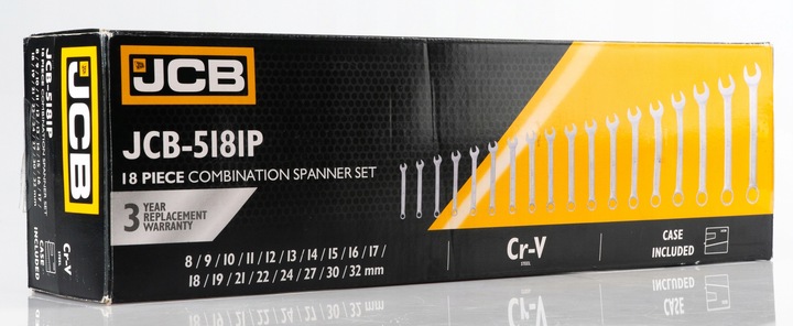 ZESTAW KLUCZY PŁASKO-OCZKOWYCH 18 ELEMENTÓW STAL CRV 8-32 MM JCB